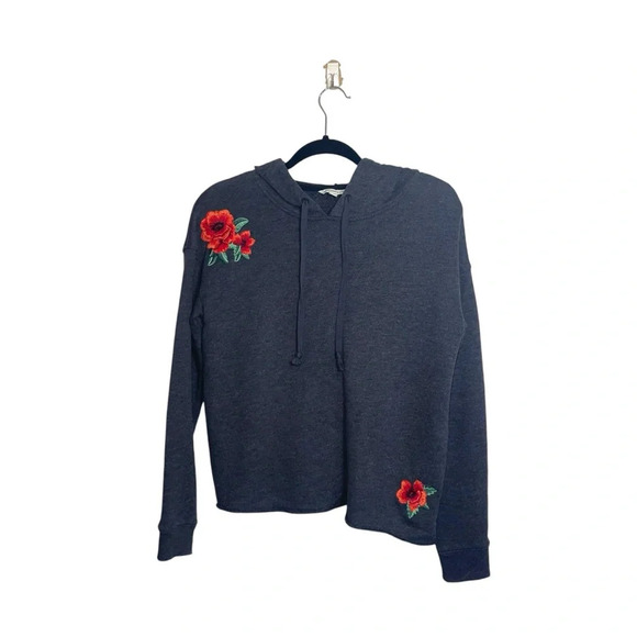 American Eagle Dark Gray Rose Embroidered Crop Hooded Sweatshirt Small Women’s - Picture 1 of 11